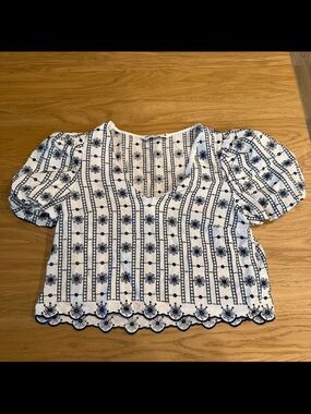 ZARA White Top with Navy Embroidered Floral pattern